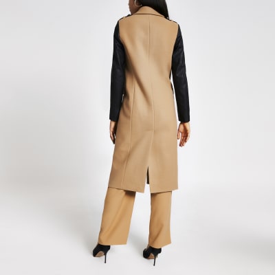 Beige faux leather sleeve longline coat