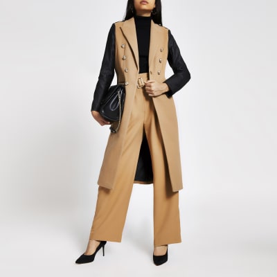 Beige faux leather sleeve longline coat