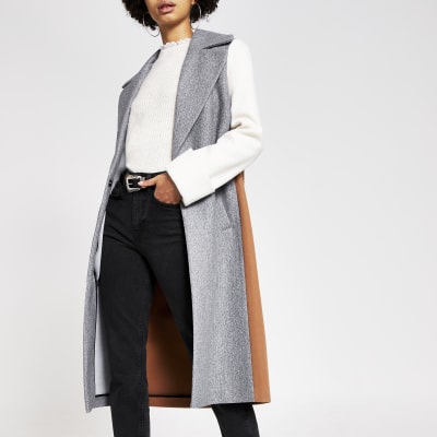 Manteau droit gris colour block