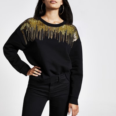 Black embellished neck sweatshirt