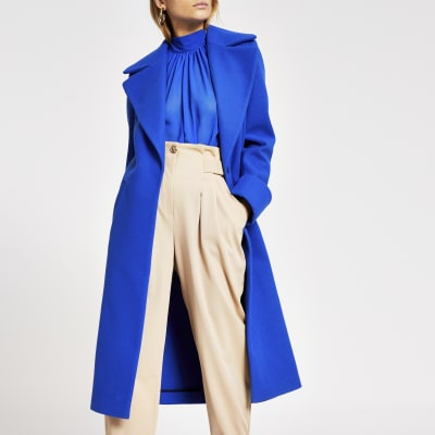 Manteau droit long bleu vif
