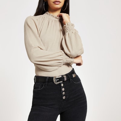 Pink shirred long blouson sleeve top