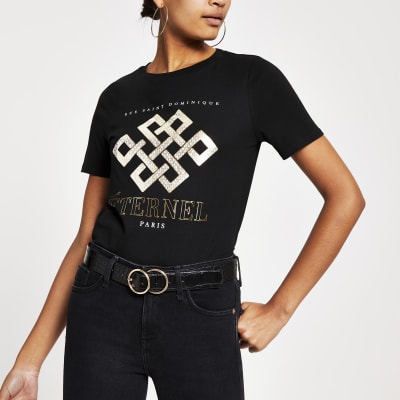 Zwart T-shirt met folieprint en korte mouwen