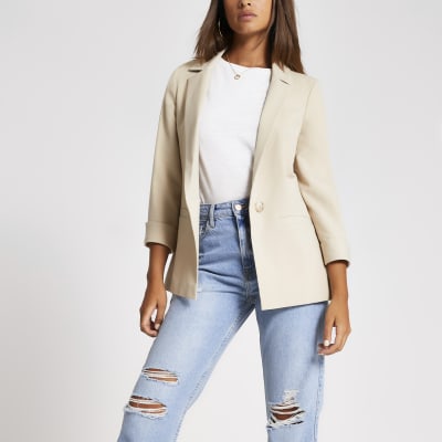 Cremefarbener Blazer aus Twill mit hochgerollten Ärmeln