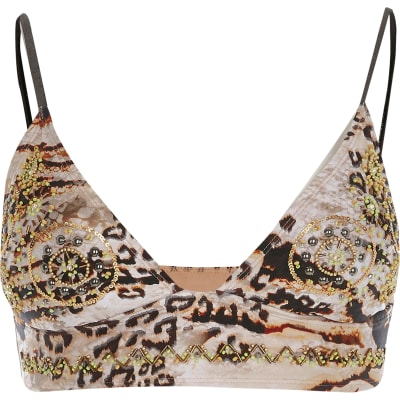 Brown snake embellished triangle bikini top