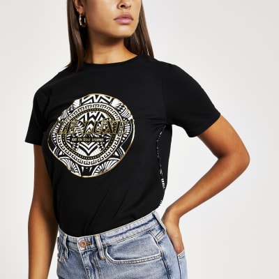 Zwart T-shirt met korte mouwen en folieprint