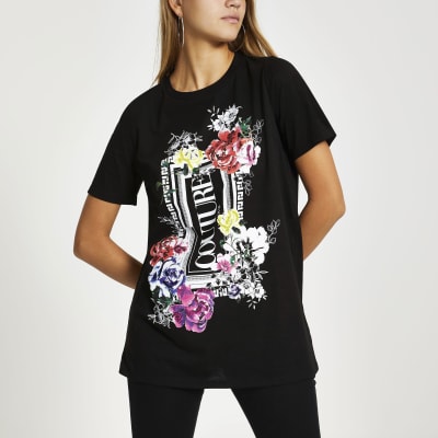 Zwart boyfriend T-shirt met bloemenprint en pailletten
