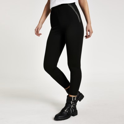 Zwarte ponte-stof leggings met franje en kralenborduursel