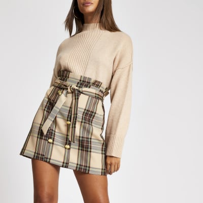 Bruine geruite mini-rok met geplooide taille en knopen