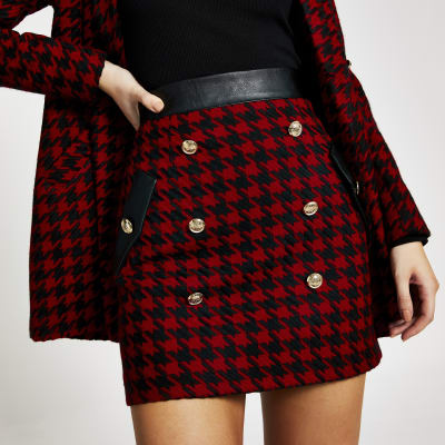 Rode geruite bouclé minirok met knoopsluiting