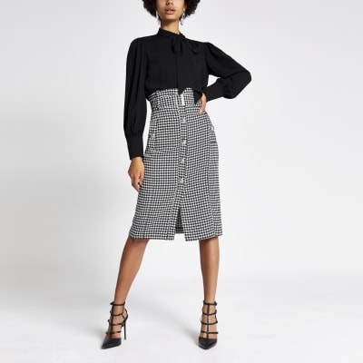 Zwarte midi-kokerrok met pied-de-poule-print en ingesnoerde taille