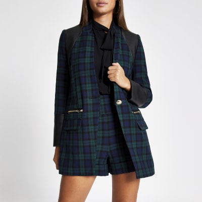 Marineblauwe geruite blazer met vlakken van imitatieleer