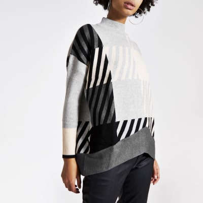 Grijze geruite oversized trui met lange mouwen