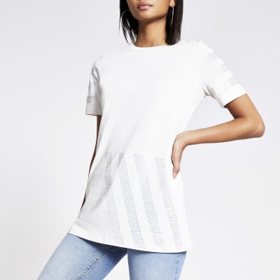 Crème T-shirt met siersteentjes