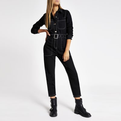 Zwarte gestikte denim jumpsuit met ceintuur