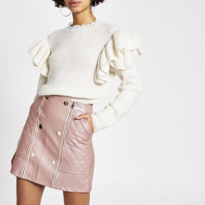 Pink Faux Leather Quilted Zip Mini Skirt River Island