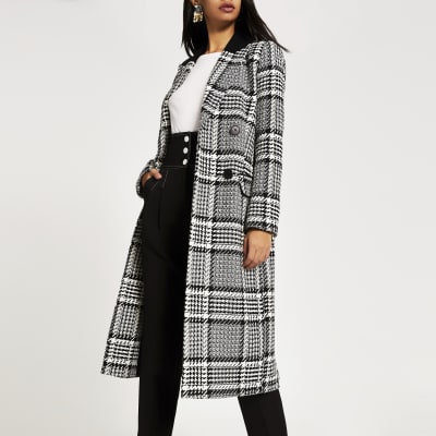 Schwarzer, zweireihiger Longline-Mantel mit Karomuster