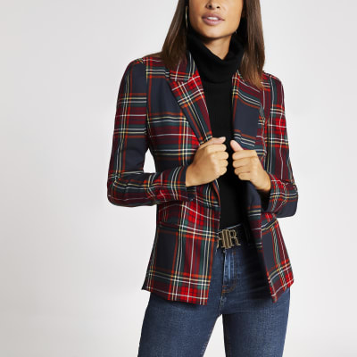 Marineblauwe geruite blazer met lange pofmouwen