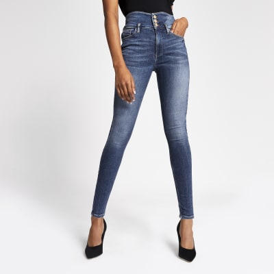 Jean taille haute Hailey en denim bleu moyen 