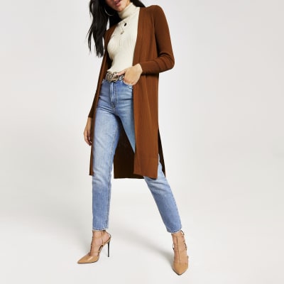 Braune Longline-Strickjacke im Rippenstrick