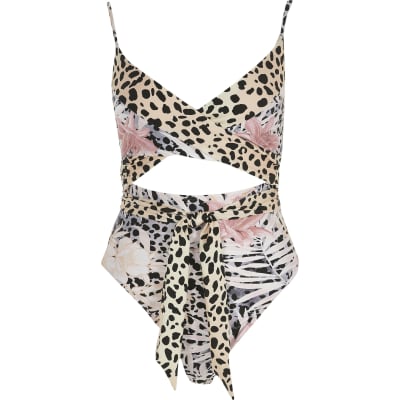 Grey animal print wrap tie swimsuit