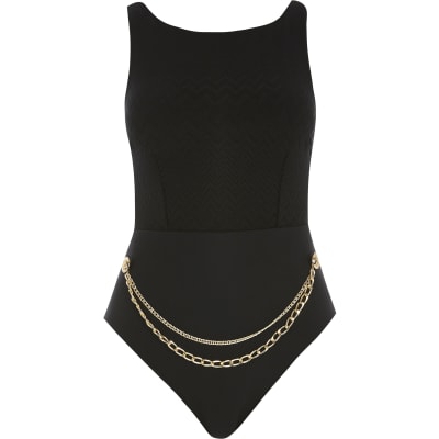 Black high neck belted swimsuit