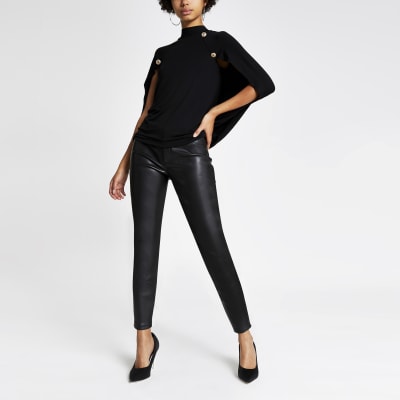 Black button embellished long sleeve cape top