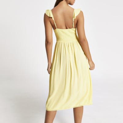 Yellow lace frill plunge midi beach dress
