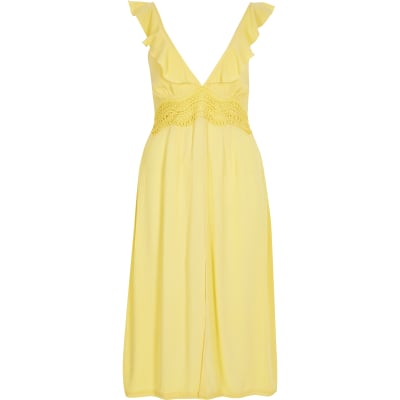 Yellow lace frill plunge midi beach dress