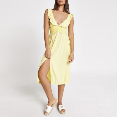 Yellow lace frill plunge midi beach dress