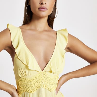 Yellow lace frill plunge midi beach dress
