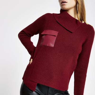 Dark red faux leather pocket knit jumper