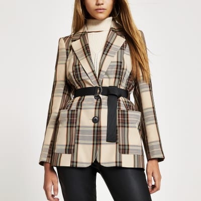 Bruine geruite lange blazer met ceintuur