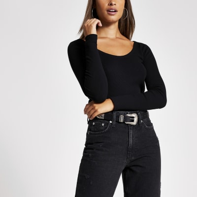 Black long sleeve scoop neck ribbed T-shirt