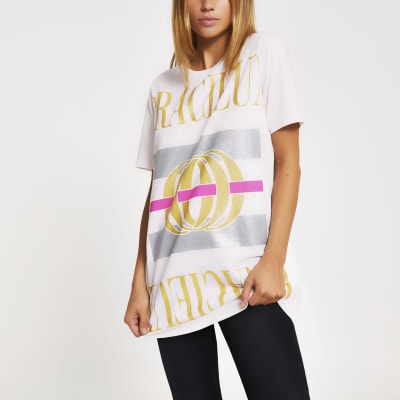 Beiges Boyfriend-T-Shirt mit Glitzeraufdruck