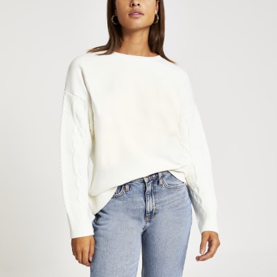 Cream long cable knit sleeve sweatshirt