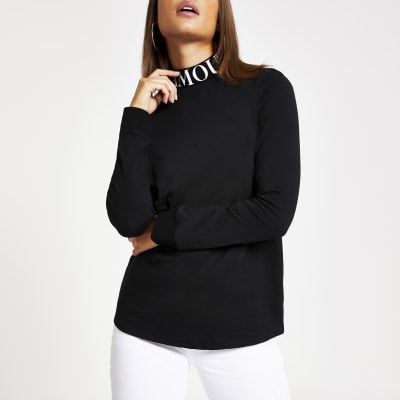 Zwart hoogsluitend T-shirt met 'L'amour'-print en lange mouwen