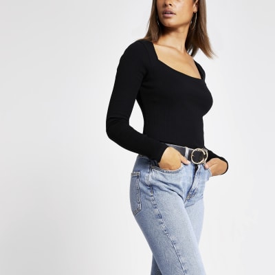 Black long sleeve cut away ribbed T-shirt
