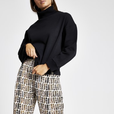 Black rib high neck sweatshirt