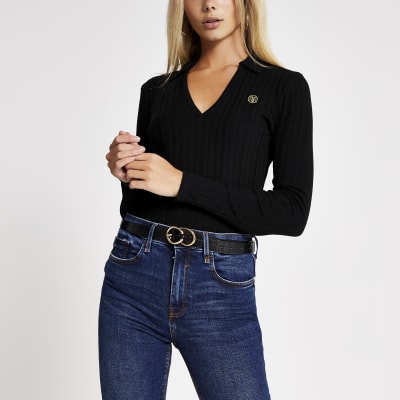 Zwart RI geribbeld poloshirt met lange mouwen