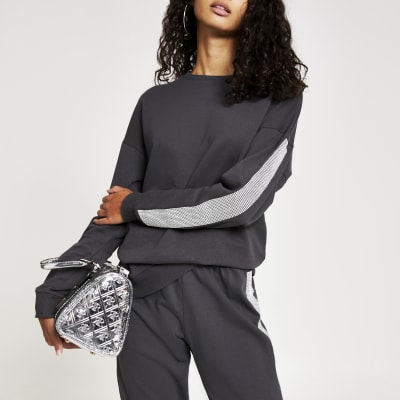 Grijs sweatshirt met lange mouwen met siersteentjes