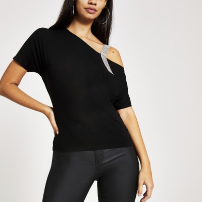 Schwarzes One-Shoulder-Trägertop mit Strassbesatz