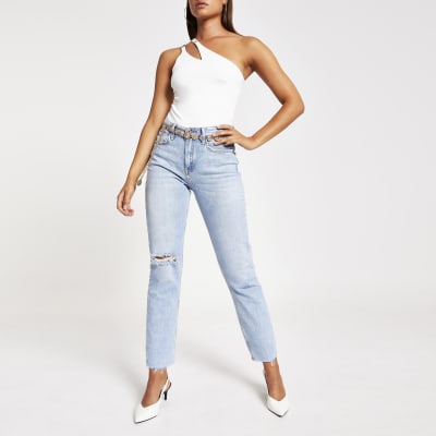 Witte body met asymmetrische split en één mouw