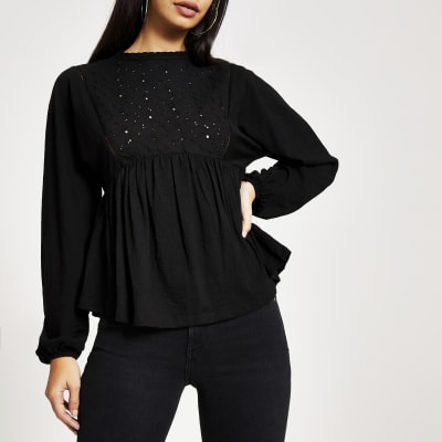 Black broderie long puff sleeve top