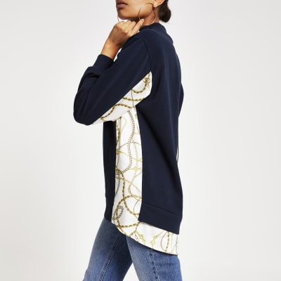 Marineblauw hoogsluitend sweatshirt met print op de mouwen