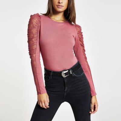  Pink  sheer lace puff long  sleeve  T shirt  River  Island 