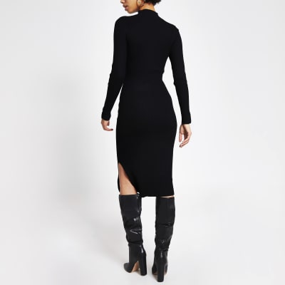 Black button shoulder bodycon ribbed dress
