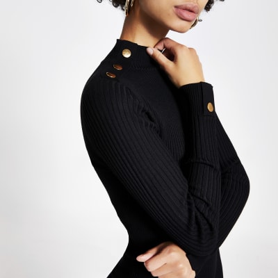 Black button shoulder bodycon ribbed dress
