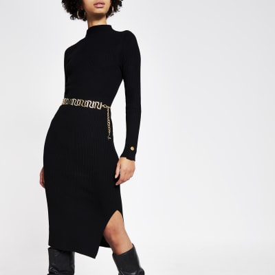Black button shoulder bodycon ribbed dress