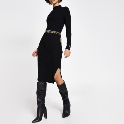 Black button shoulder bodycon ribbed dress